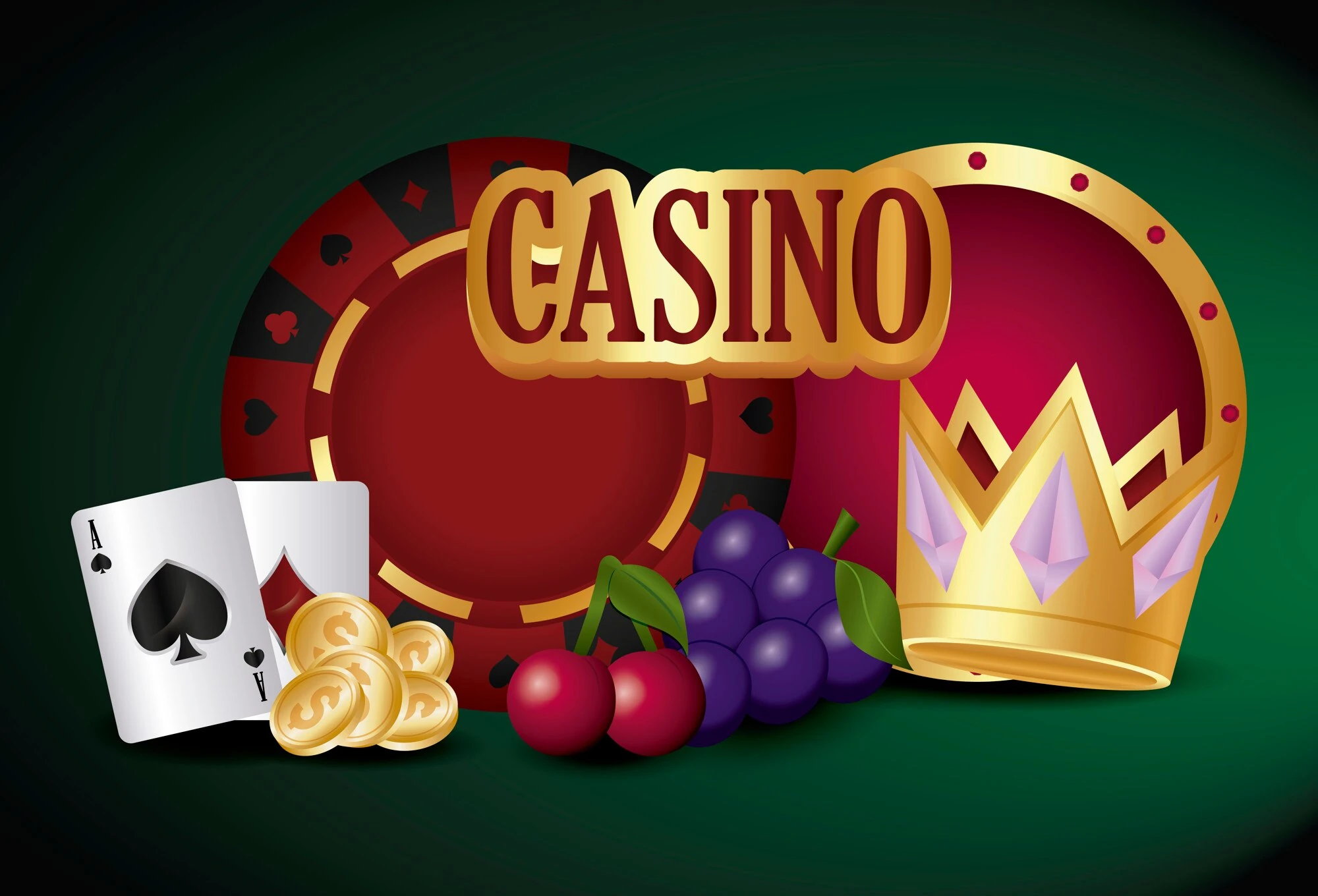 Casinoillustrasjon med kort, mynter, frukt og gullkrone