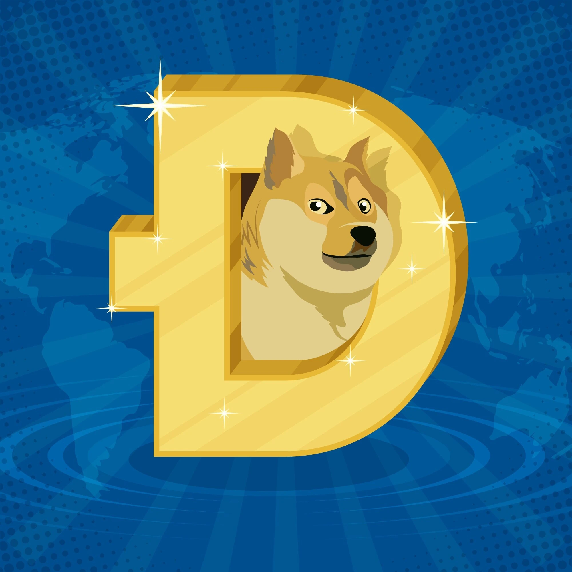 Gullfarget Dogecoin-symbol på blå bakgrunn