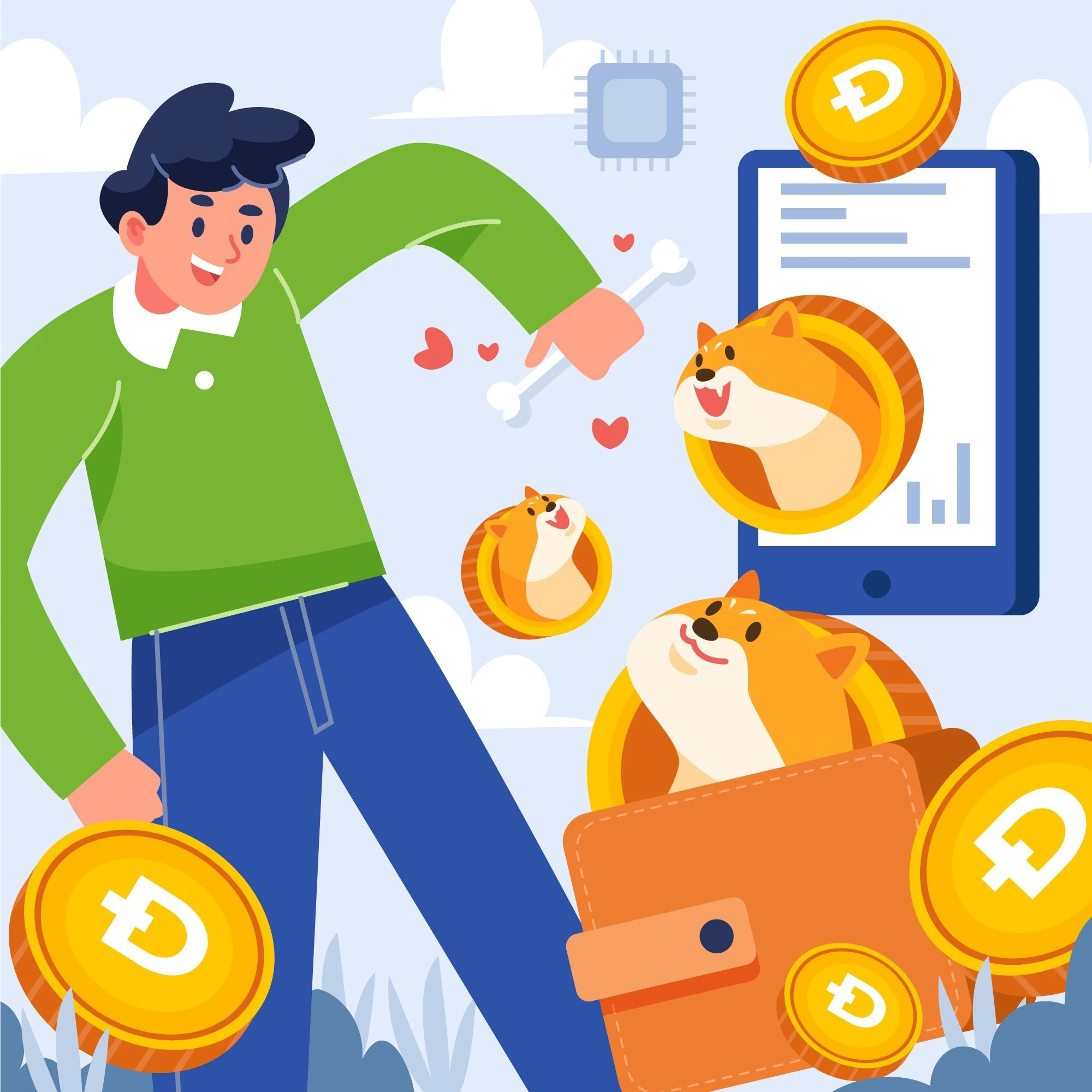 Illustrasjon av Dogecoin-betaling med mobil og digital lommebok